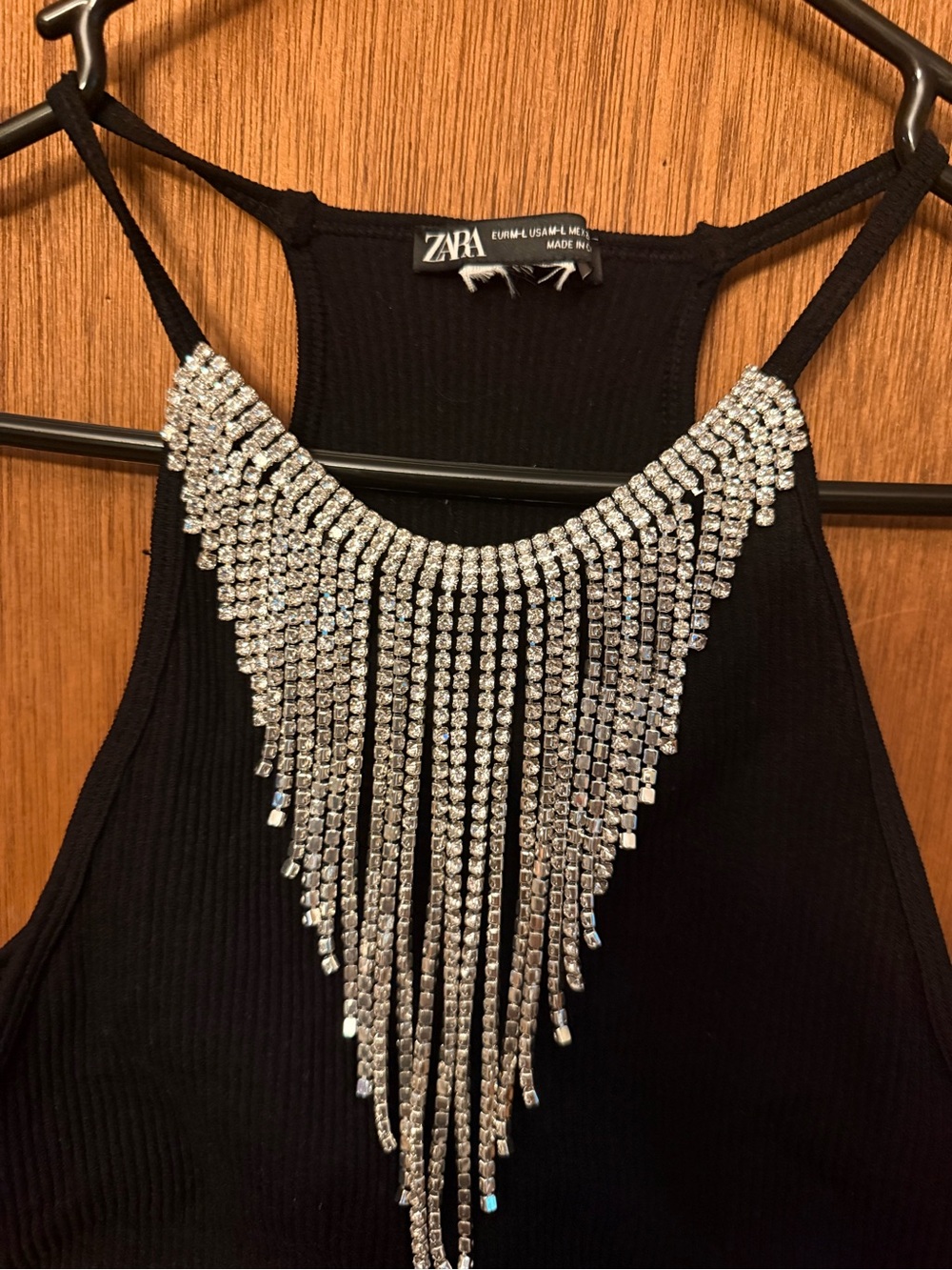 Zara Black Ribbed Halter Top with Silver Rhinestone Fringe